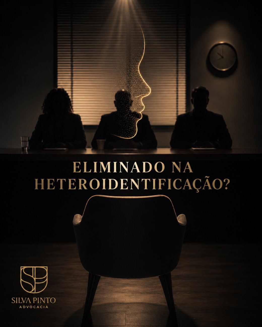 Sala de entrevista de heteroidentificacao: tres avaliadores atras da mesa e uma cadeira vazia diante deles